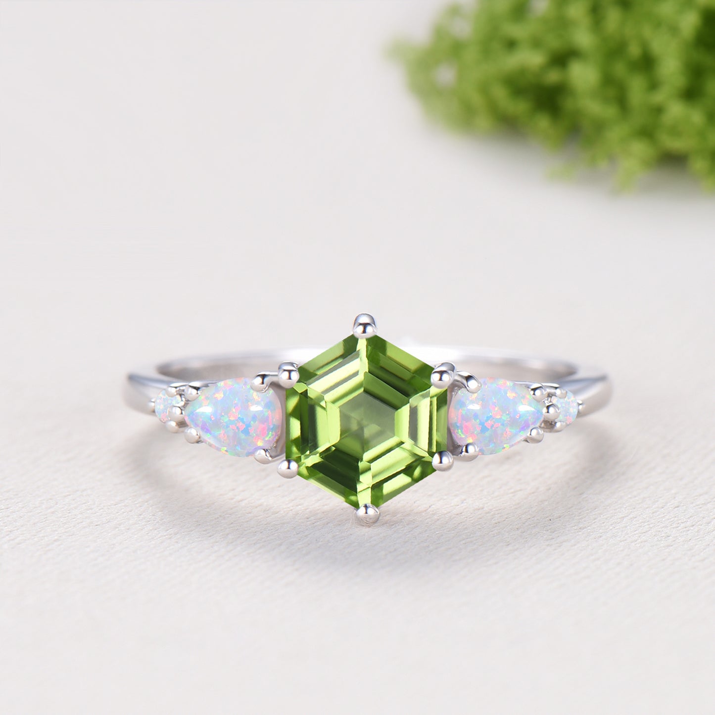 Vintage Hexagon Cut Natural Peridot Engagement Ring Set, August Birthstone Promise Ring, Fire Opal Stacking Band, Unique Wedding Bridal Set