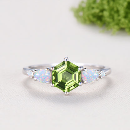 Vintage Hexagon Cut Natural Peridot Engagement Ring Set, August Birthstone Promise Ring, Fire Opal Stacking Band, Unique Wedding Bridal Set
