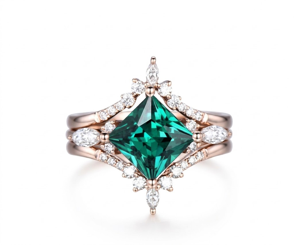 Vintage 3pcs princess cut emerald wedding set, accent moissanite 14k rose gold , size 5.5