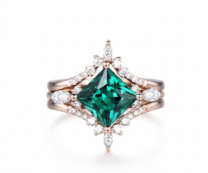 Vintage 3pcs princess cut emerald wedding set, accent moissanite 14k rose gold , size 5.5