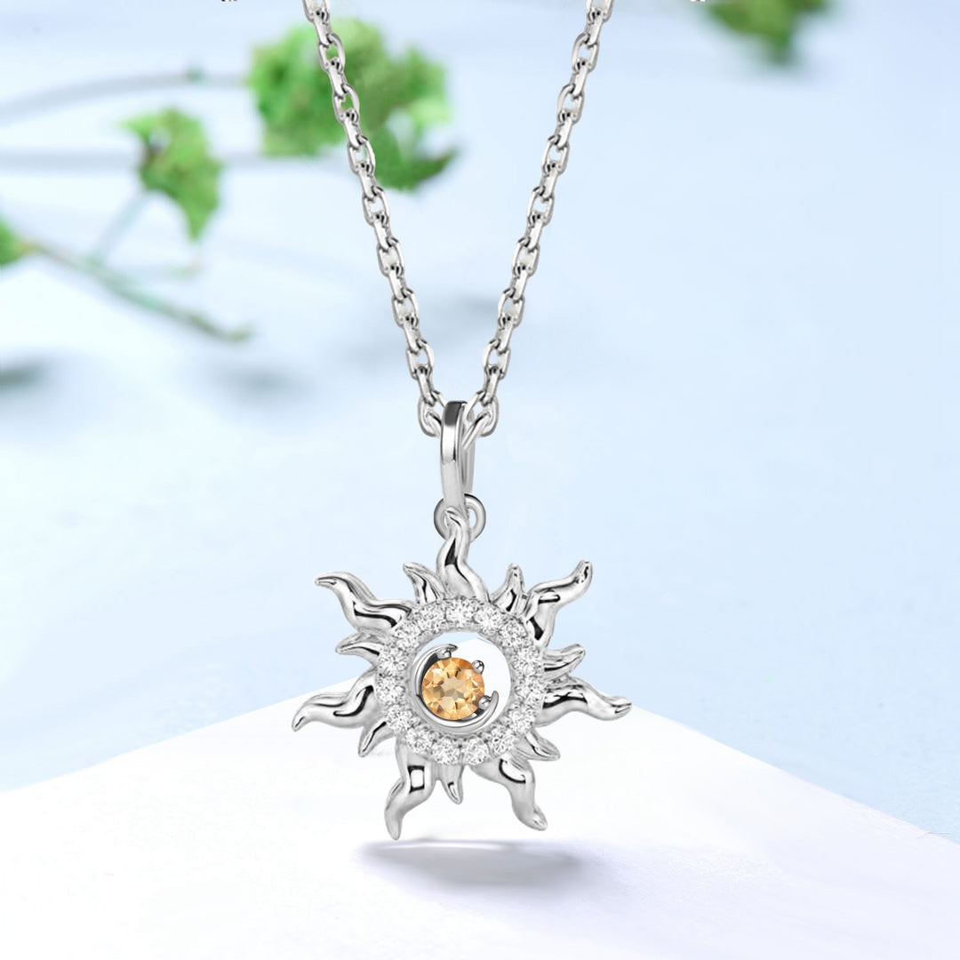 Celestial Sun and Moon Necklace, 14K Gold Sunburst Pendant, Yellow Gemstone Necklace, Dainty Gold Jewelry, Boho Celestial Gift for Her - PENFINE
