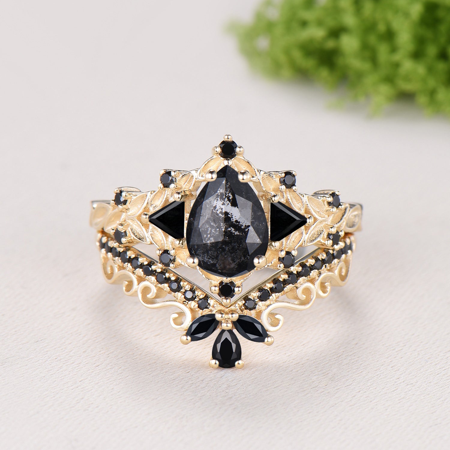 Nature Inspired Salt and Pepper Diamond Engagement Ring Pear Cut Art Deco Filigree Bridal Set 14K Yellow Gold Leaf Vine Anniversary Gift