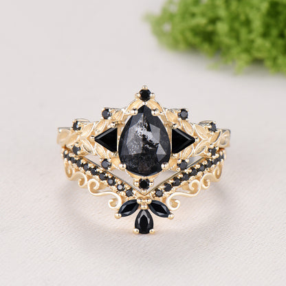 Nature Inspired Salt and Pepper Diamond Engagement Ring Pear Cut Art Deco Filigree Bridal Set 14K Yellow Gold Leaf Vine Anniversary Gift