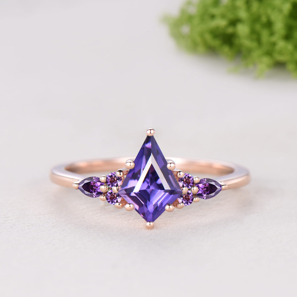 Kite Cut Purple Sapphire Engagement Ring Amethyst Leaf Nature Inspired Bridal Set