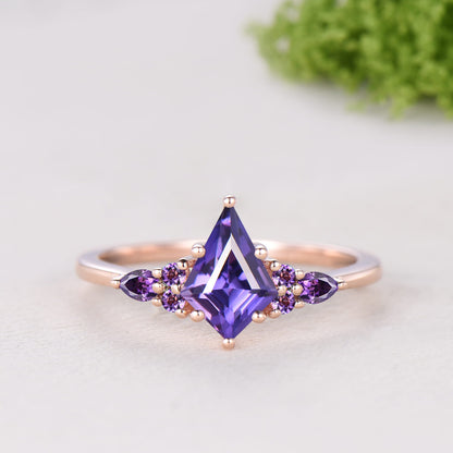 Kite Cut Purple Sapphire Engagement Ring Amethyst Leaf Nature Inspired Bridal Set