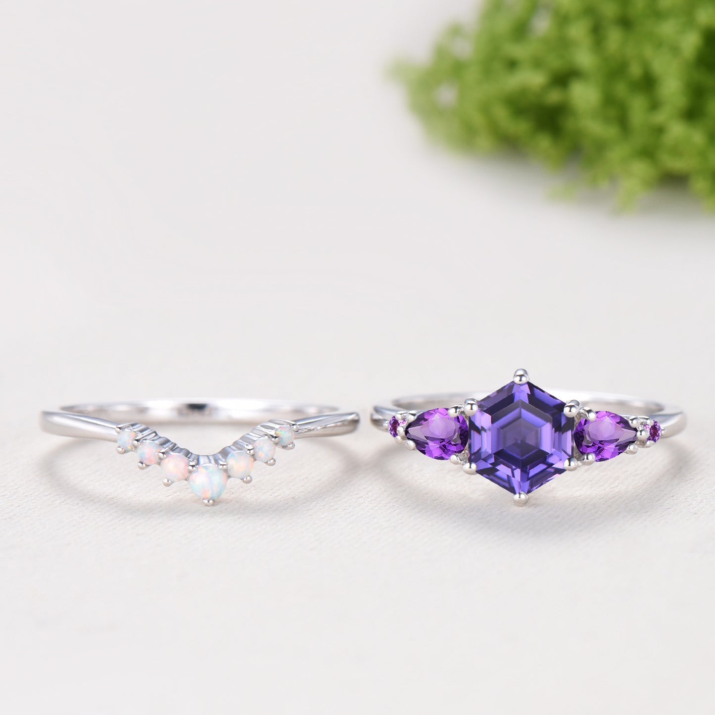 Vintage Hexagon Cut Purple Sapphire Engagement Ring Set, Unique Five Stone Amethyst Promise Ring, Fire Opal Stacking Band