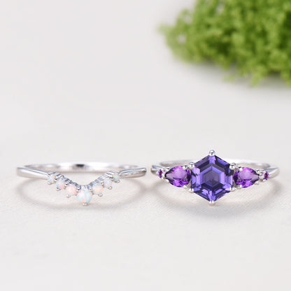 Vintage Hexagon Cut Purple Sapphire Engagement Ring Set, Unique Five Stone Amethyst Promise Ring, Fire Opal Stacking Band