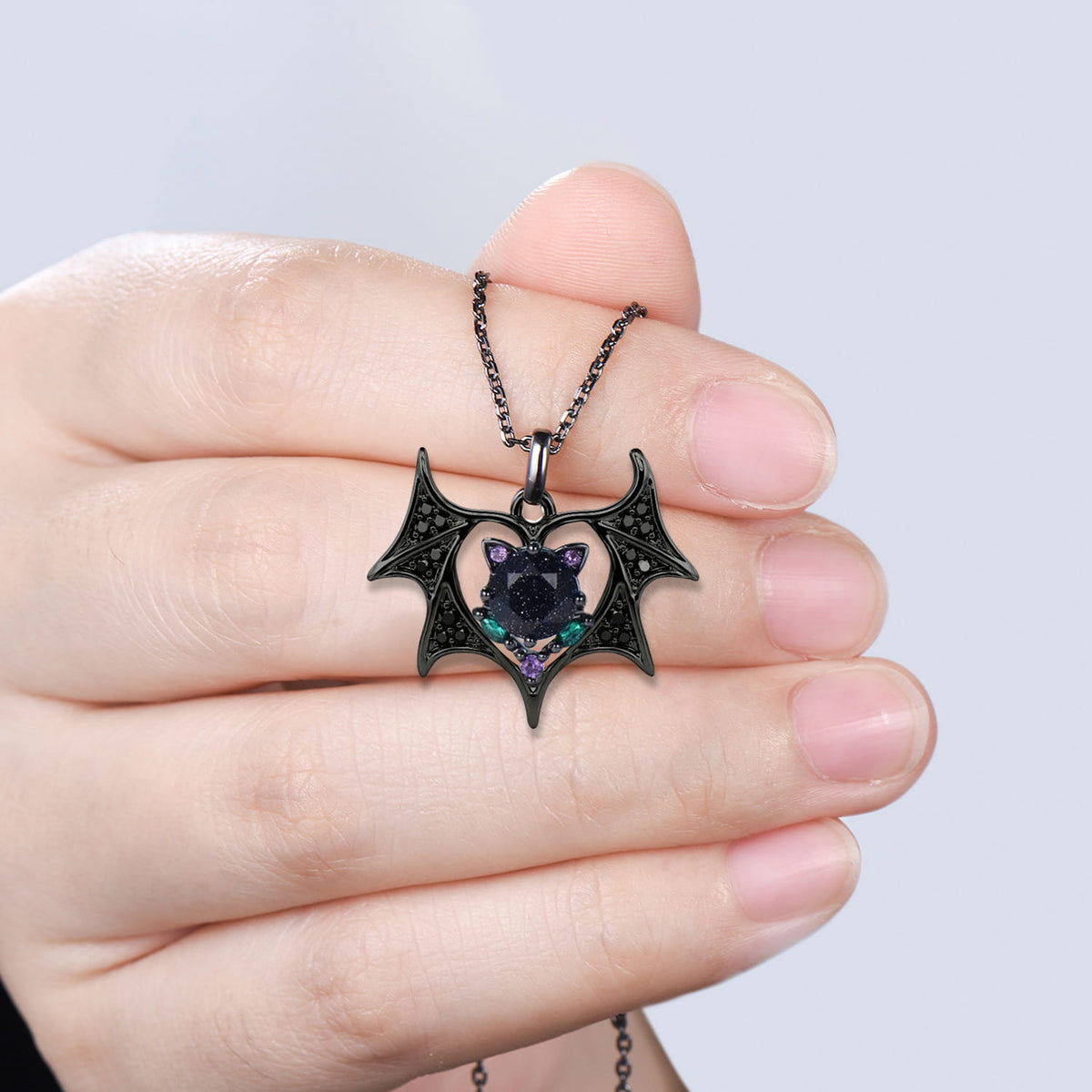 Gothic Black Gold Blue Sandstone Bat Necklace, Unique Devil Emerald Amethyst Wing Pendant
