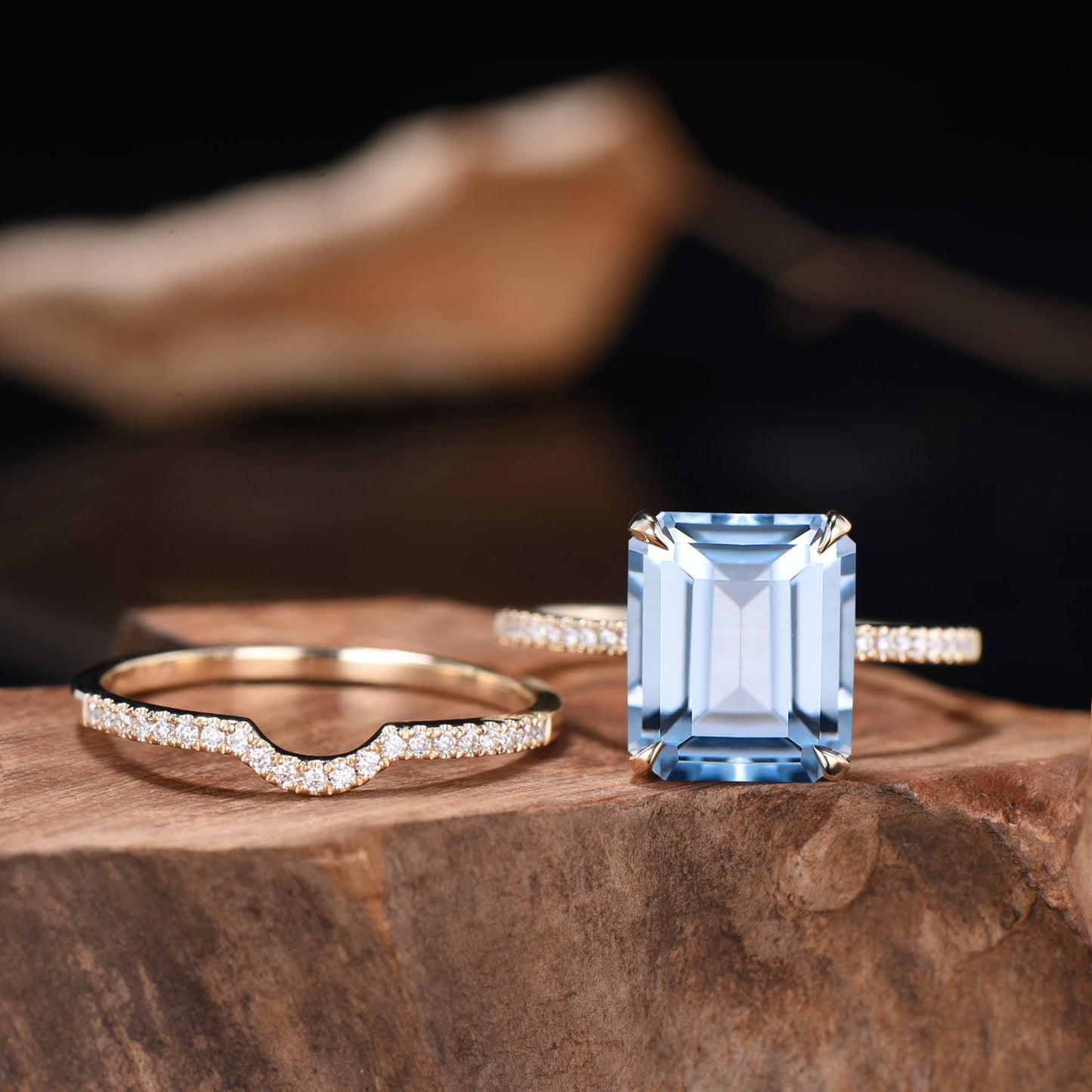 Emerald Cut Aquamarine Bridal Ring Set, Diamond Wedding Band, 14K Gold