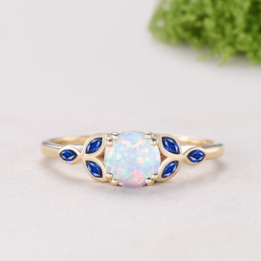 Round Cut White Opal Bezel Setting Engagement Ring Sapphire Moissanite Enhancer Ring Bridal Set