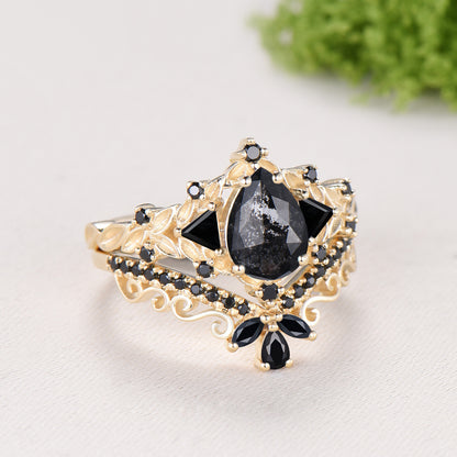 Nature Inspired Salt and Pepper Diamond Engagement Ring Pear Cut Art Deco Filigree Bridal Set 14K Yellow Gold Leaf Vine Anniversary Gift