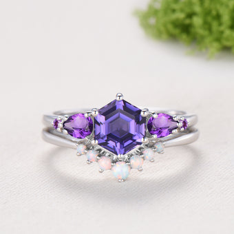 Vintage Hexagon Cut Purple Sapphire Engagement Ring Set, Unique Five Stone Amethyst Promise Ring, Fire Opal Stacking Band