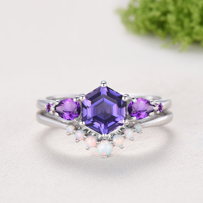 Vintage Hexagon Cut Purple Sapphire Engagement Ring Set, Unique Five Stone Amethyst Promise Ring, Fire Opal Stacking Band