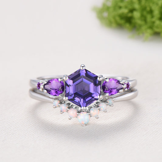 Vintage Hexagon Cut Purple Sapphire Engagement Ring Set, Unique Five Stone Amethyst Promise Ring, Fire Opal Stacking Band