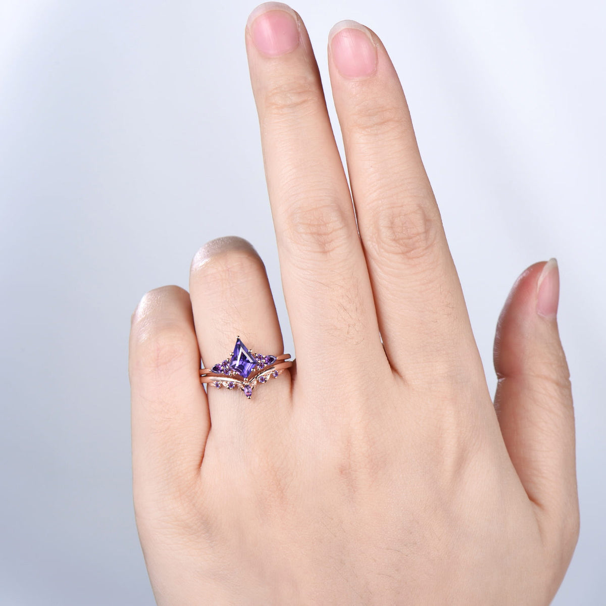 Kite Cut Purple Sapphire Engagement Ring Amethyst Leaf Nature Inspired Bridal Set