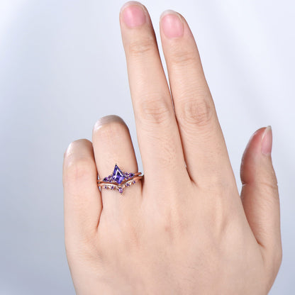 Kite Cut Purple Sapphire Engagement Ring Amethyst Leaf Nature Inspired Bridal Set