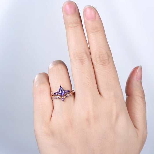 Kite Cut Purple Sapphire Engagement Ring Amethyst Leaf Nature Inspired Bridal Set