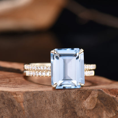 Emerald Cut Aquamarine Bridal Ring Set, Diamond Wedding Band, 14K Gold