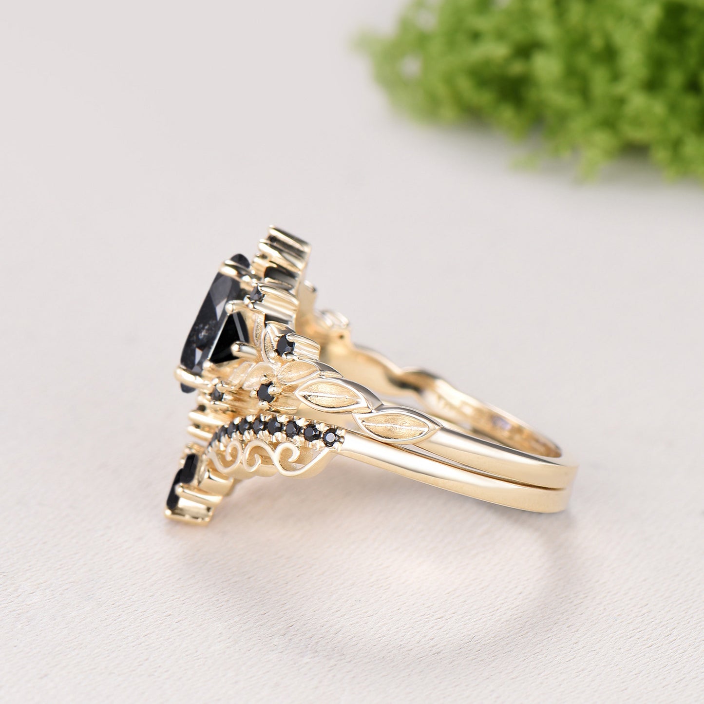Nature Inspired Salt and Pepper Diamond Engagement Ring Pear Cut Art Deco Filigree Bridal Set 14K Yellow Gold Leaf Vine Anniversary Gift