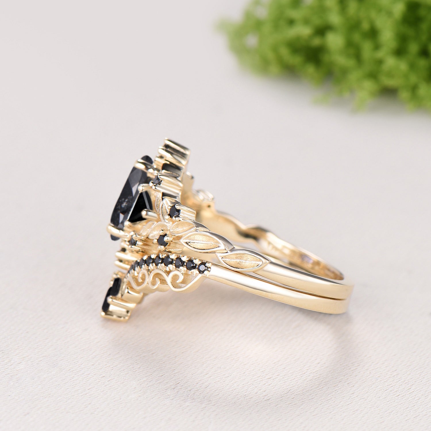 Nature Inspired Salt and Pepper Diamond Engagement Ring Pear Cut Art Deco Filigree Bridal Set 14K Yellow Gold Leaf Vine Anniversary Gift