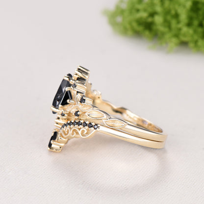 Nature Inspired Salt and Pepper Diamond Engagement Ring Pear Cut Art Deco Filigree Bridal Set 14K Yellow Gold Leaf Vine Anniversary Gift