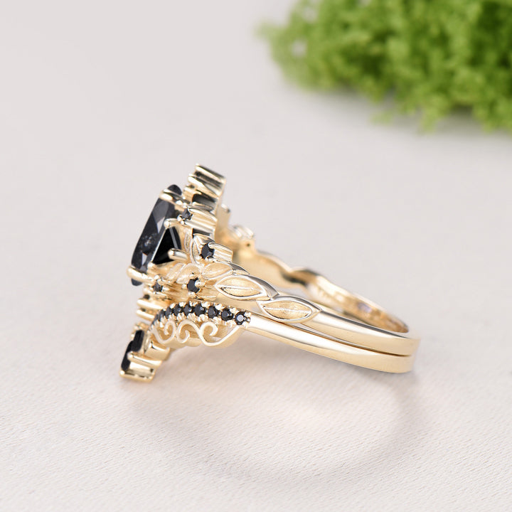 Nature Inspired Salt and Pepper Diamond Engagement Ring Pear Cut Art Deco Filigree Bridal Set 14K Yellow Gold Leaf Vine Anniversary Gift