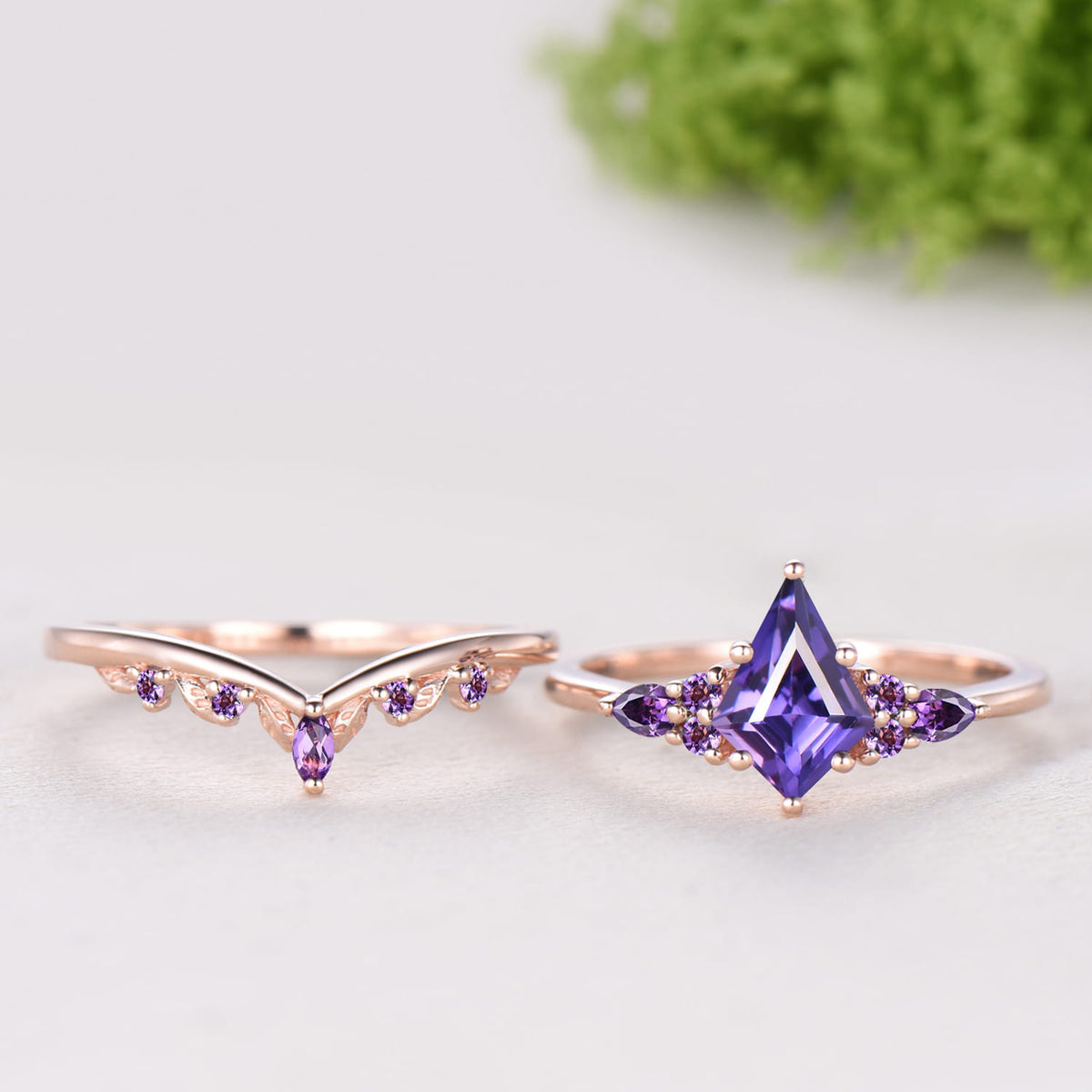Kite Cut Purple Sapphire Engagement Ring Amethyst Leaf Nature Inspired Bridal Set