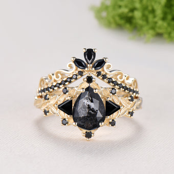 Nature Inspired Salt and Pepper Diamond Engagement Ring Pear Cut Art Deco Filigree Bridal Set 14K Yellow Gold Leaf Vine Anniversary Gift