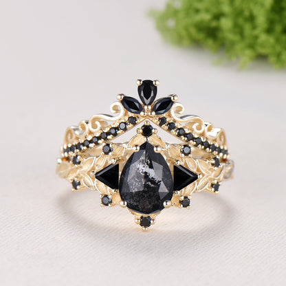 Nature Inspired Salt and Pepper Diamond Engagement Ring Pear Cut Art Deco Filigree Bridal Set 14K Yellow Gold Leaf Vine Anniversary Gift