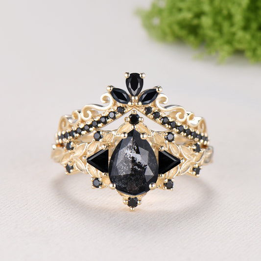 Nature Inspired Salt and Pepper Diamond Engagement Ring Pear Cut Art Deco Filigree Bridal Set 14K Yellow Gold Leaf Vine Anniversary Gift