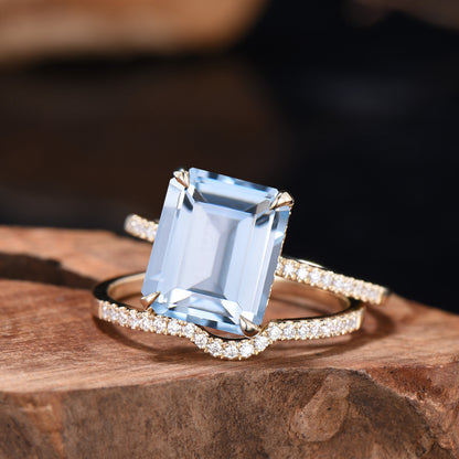 Emerald Cut Aquamarine Bridal Ring Set, Diamond Wedding Band, 14K Gold