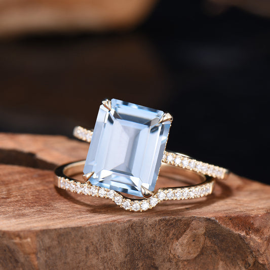 Emerald Cut Aquamarine Bridal Ring Set, Diamond Wedding Band, 14K Gold
