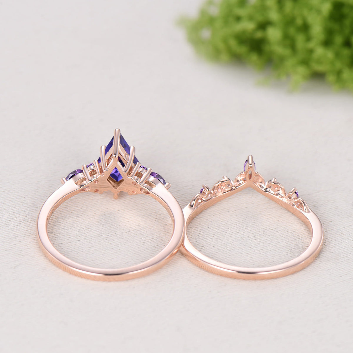 Kite Cut Purple Sapphire Engagement Ring Amethyst Leaf Nature Inspired Bridal Set