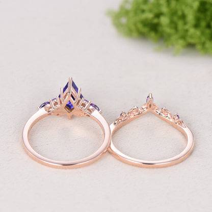 Kite Cut Purple Sapphire Engagement Ring Amethyst Leaf Nature Inspired Bridal Set
