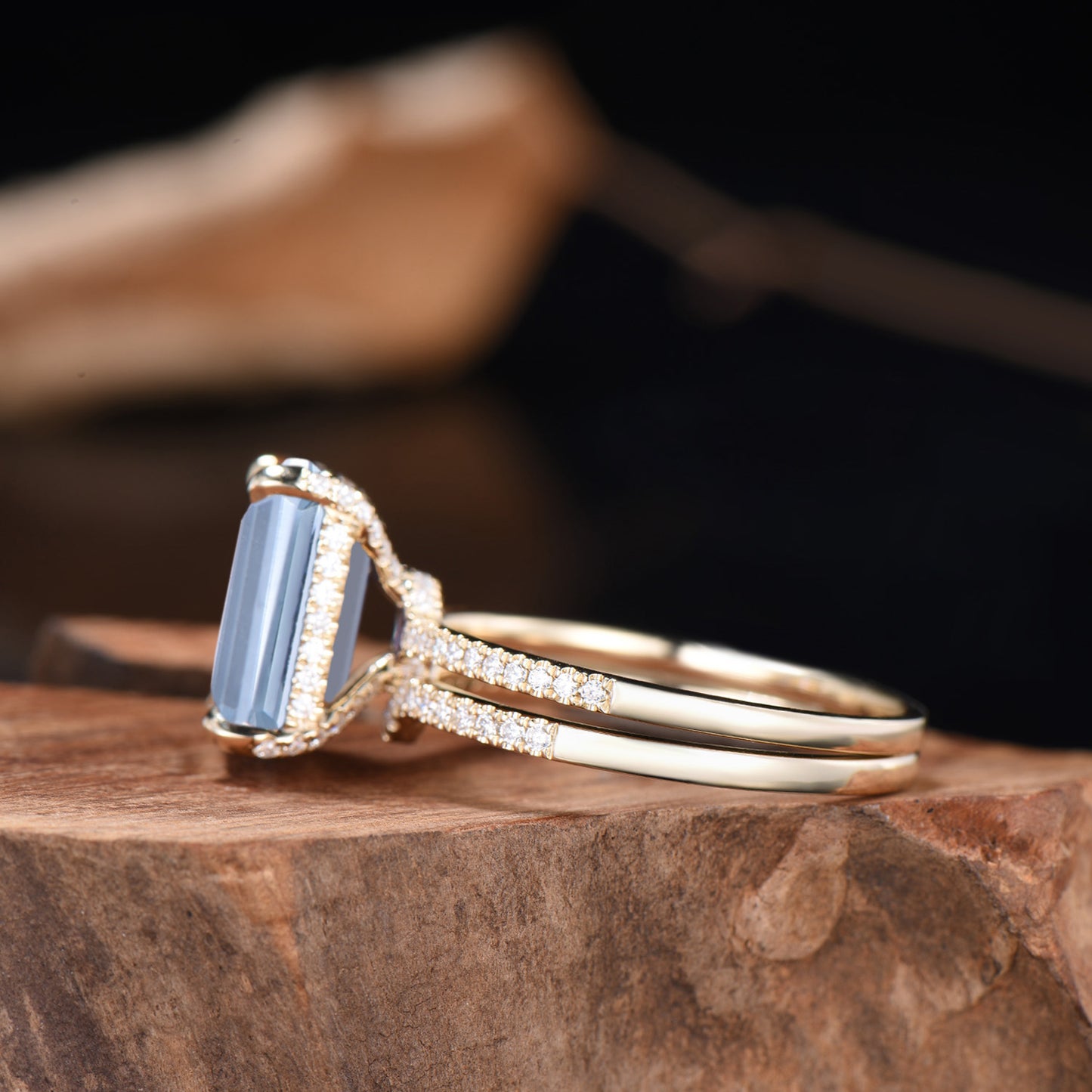 Emerald Cut Aquamarine Bridal Ring Set, Diamond Wedding Band, 14K Gold