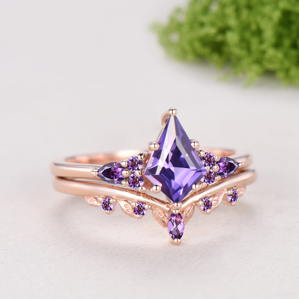 Kite Cut Purple Sapphire Engagement Ring Amethyst Leaf Nature Inspired Bridal Set