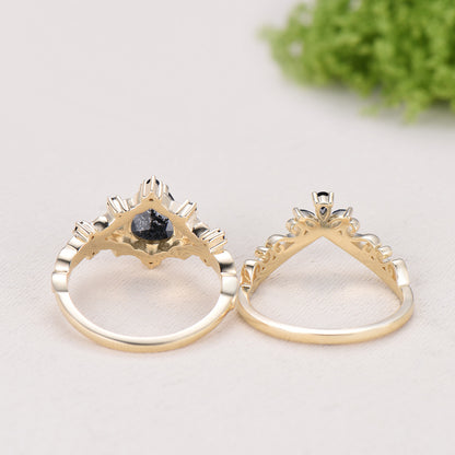 Nature Inspired Salt and Pepper Diamond Engagement Ring Pear Cut Art Deco Filigree Bridal Set 14K Yellow Gold Leaf Vine Anniversary Gift