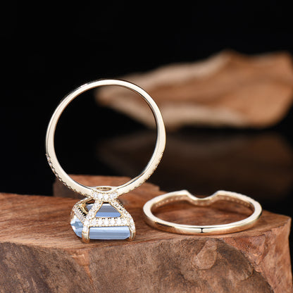 Emerald Cut Aquamarine Bridal Ring Set, Diamond Wedding Band, 14K Gold