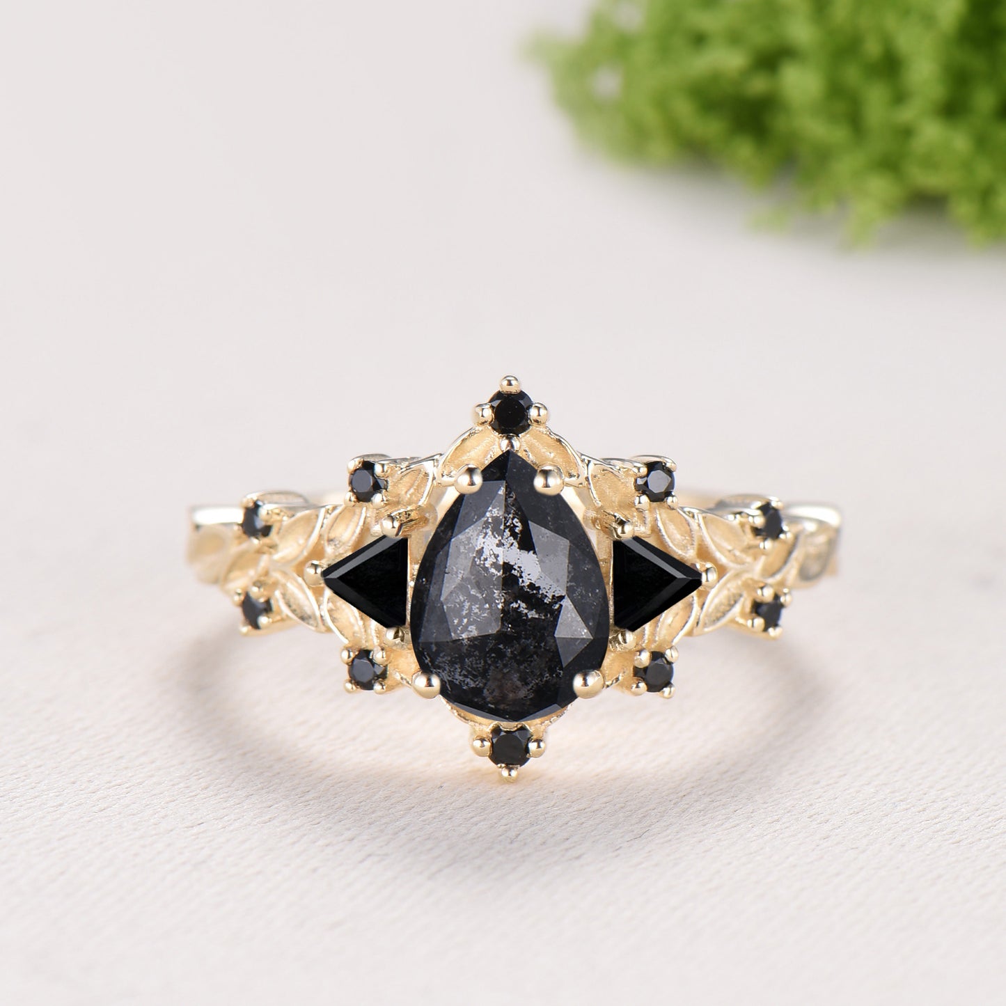 Nature Inspired Salt and Pepper Diamond Engagement Ring Pear Cut Art Deco Filigree Bridal Set 14K Yellow Gold Leaf Vine Anniversary Gift