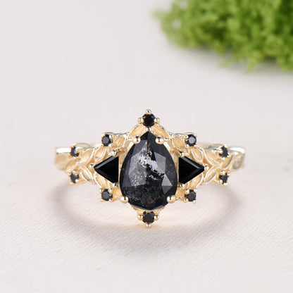 Nature Inspired Salt and Pepper Diamond Engagement Ring Pear Cut Art Deco Filigree Bridal Set 14K Yellow Gold Leaf Vine Anniversary Gift