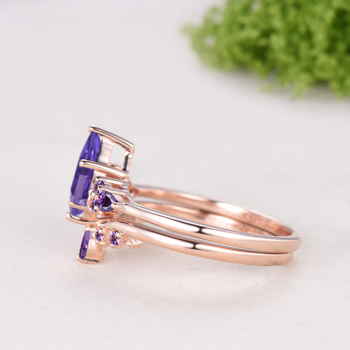 Kite Cut Purple Sapphire Engagement Ring Amethyst Leaf Nature Inspired Bridal Set