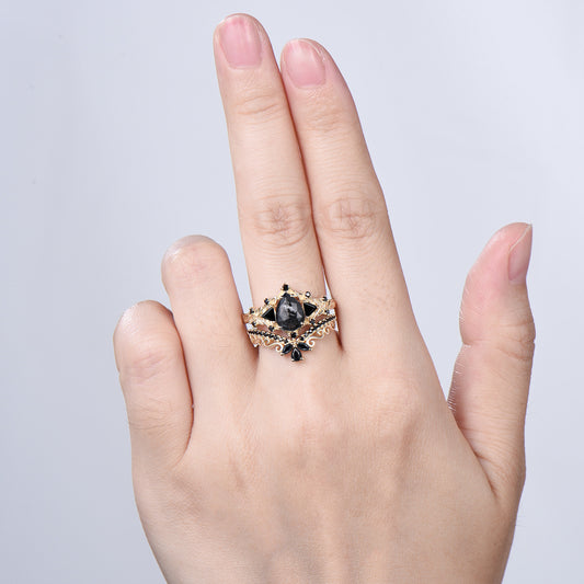Nature Inspired Salt and Pepper Diamond Engagement Ring Pear Cut Art Deco Filigree Bridal Set 14K Yellow Gold Leaf Vine Anniversary Gift