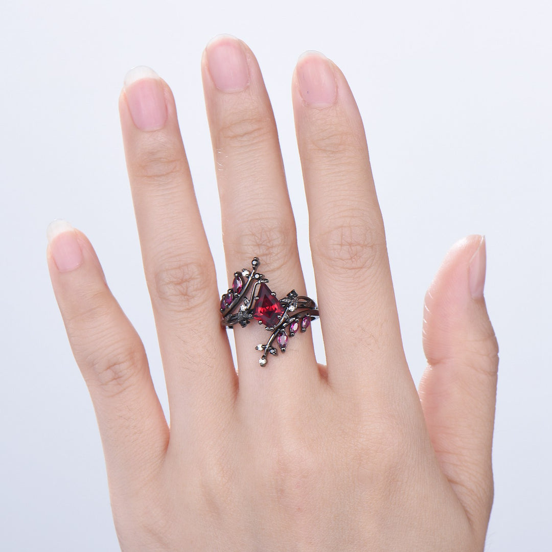 Unique gothic kite cut ruby engagement ring set black gold cluster engagement ring leaf branch nature inspired marquise ruby wedding set - PENFINE