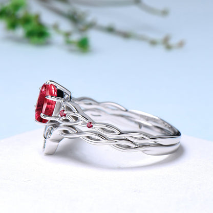 Fantasy Cut Pear Shaped Ruby Norse Viking Engagement Ring Set