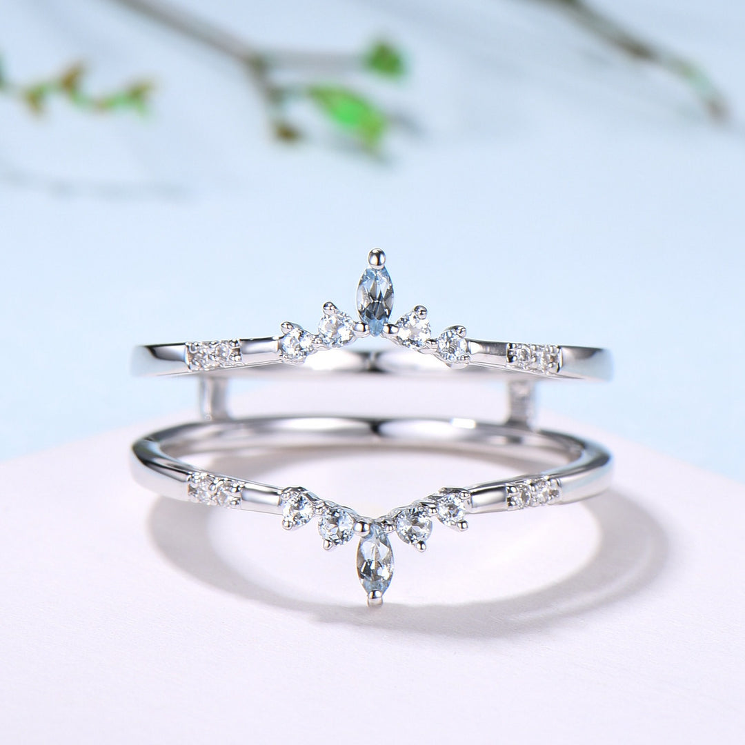 Aquamarine Curved Wedding Band Enhancer, White Gold Nesting Ring Jacket - PENFINE