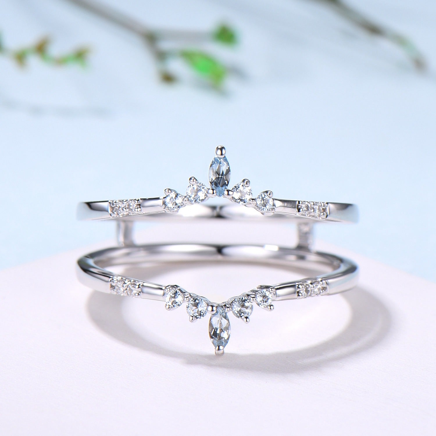 Aquamarine Curved Wedding Band Enhancer, White Gold Nesting Ring Jacket - PENFINE