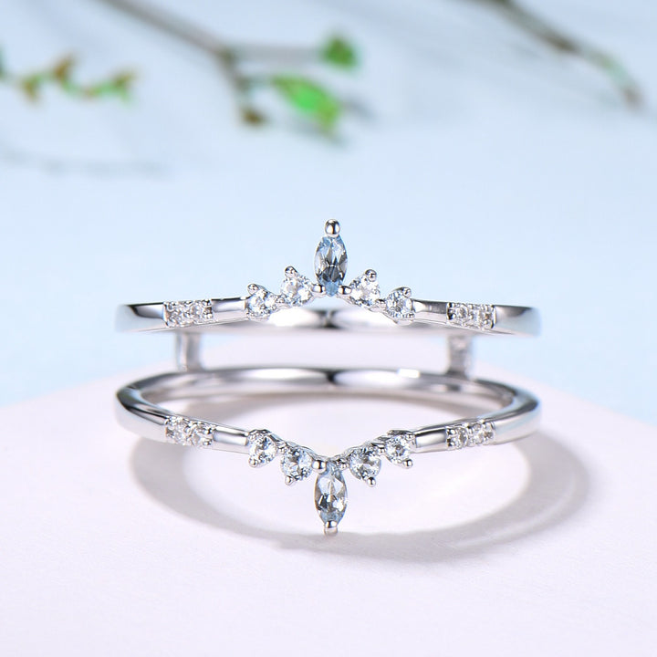 Aquamarine Curved Wedding Band Enhancer, White Gold Nesting Ring Jacket - PENFINE