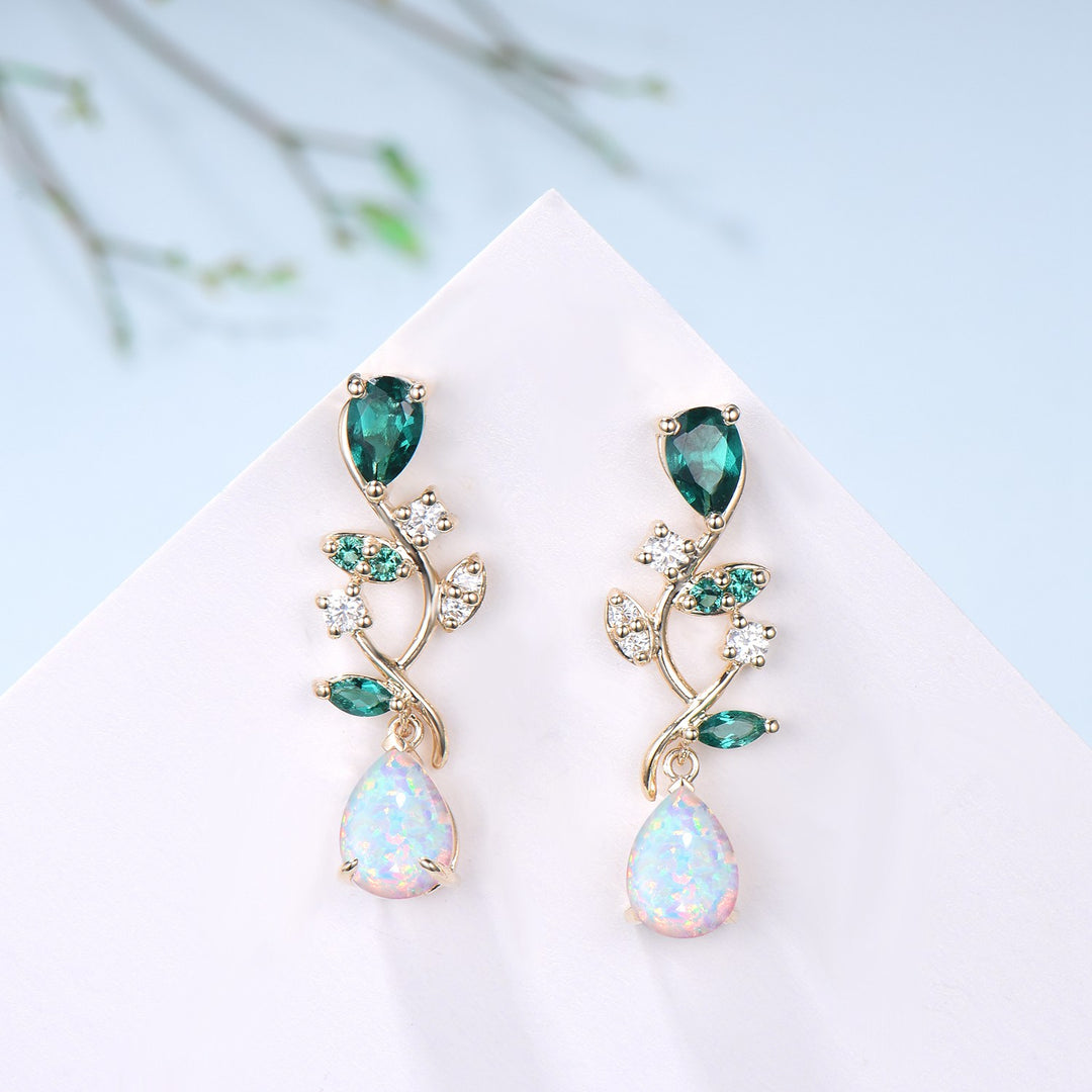 Nature Inspired Pear Shaped White Opal Earrings Emerald Fire Opal Leaf Stud Earrings Silver Earrings Handmade Anniversary Promise Gift - PENFINE