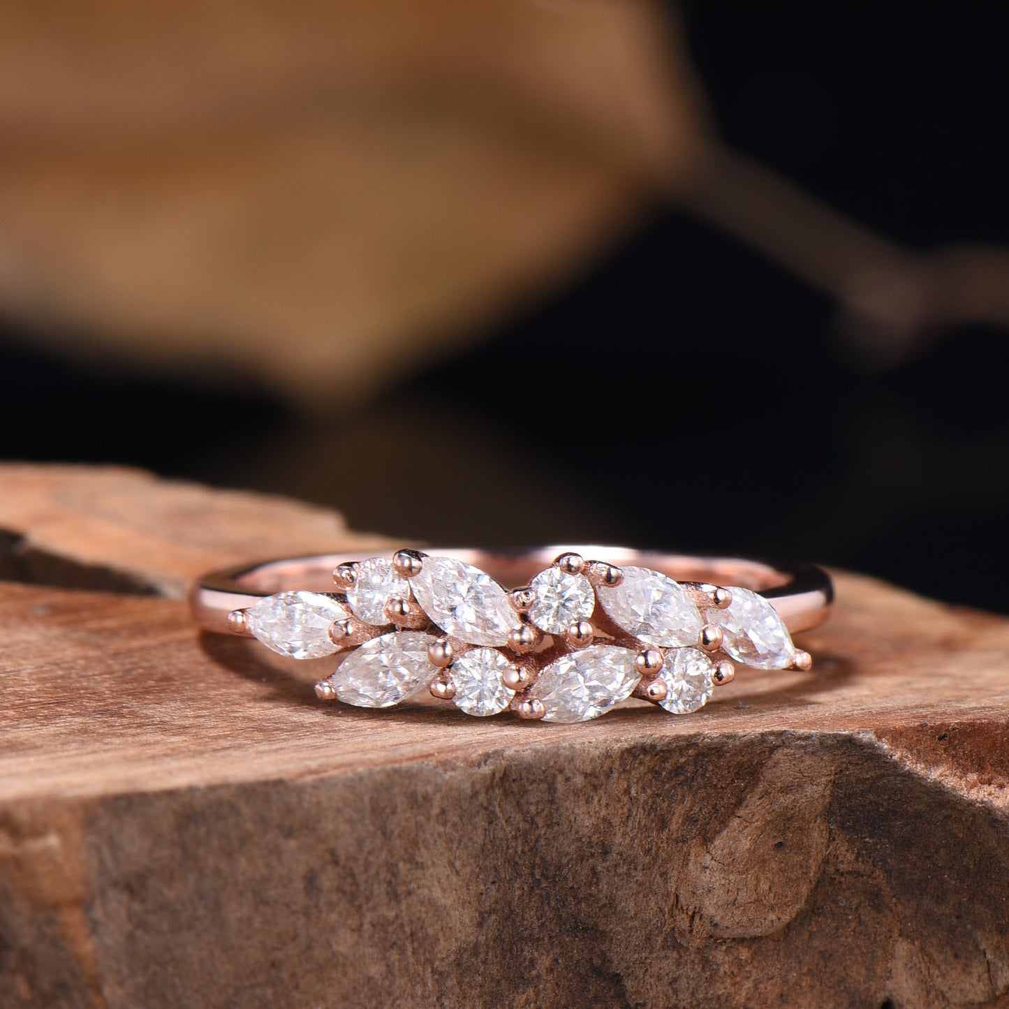 Vintage Moissanite Wedding Ring Art Deco 14k Solid Rose Gold Marquise Cut Moissanite Wedding Band Cluster Promise Ring - PENFINE