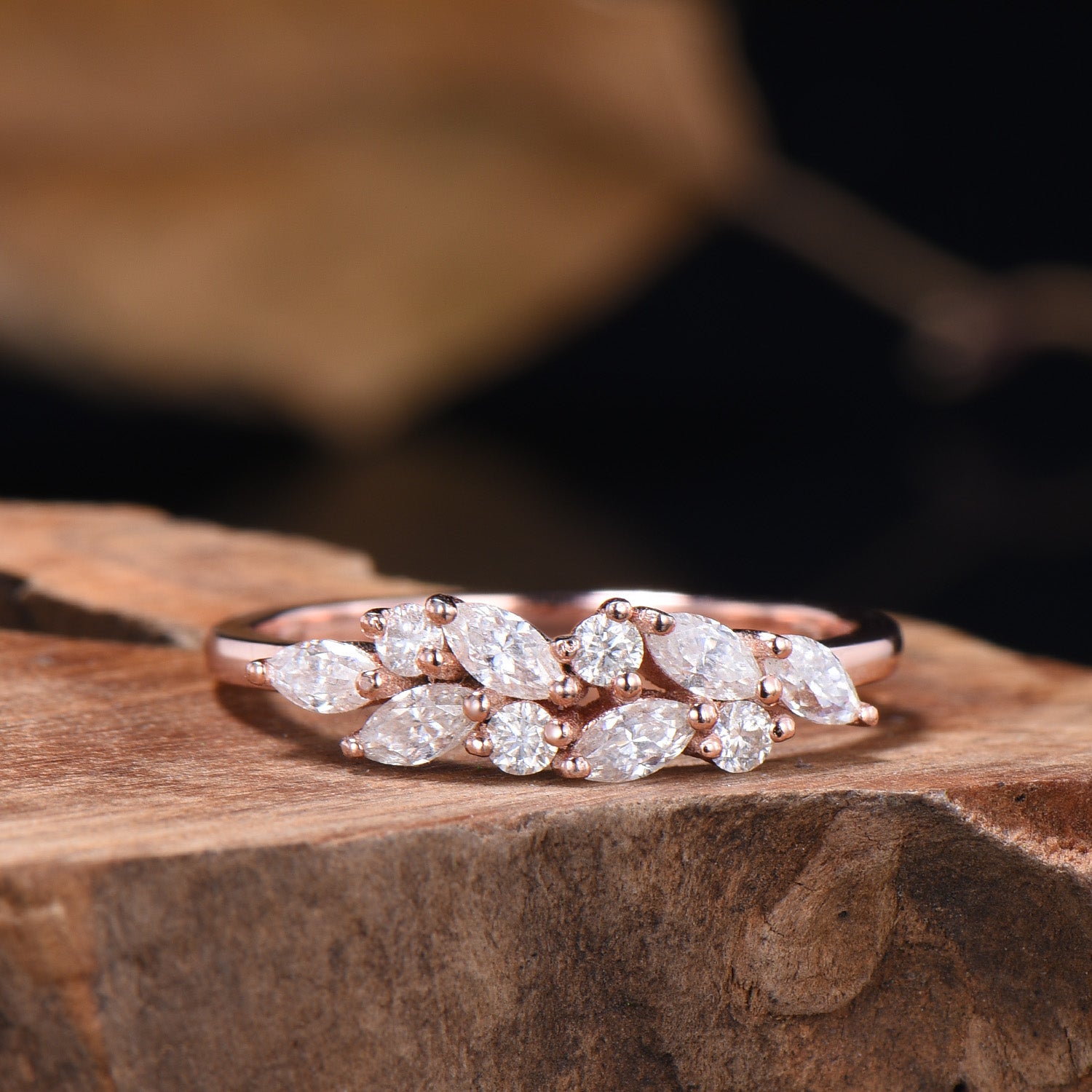 Vintage Moissanite Wedding Ring Art Deco 14k Solid Rose Gold Marquise Cut Moissanite Wedding Band Cluster Promise Ring - PENFINE
